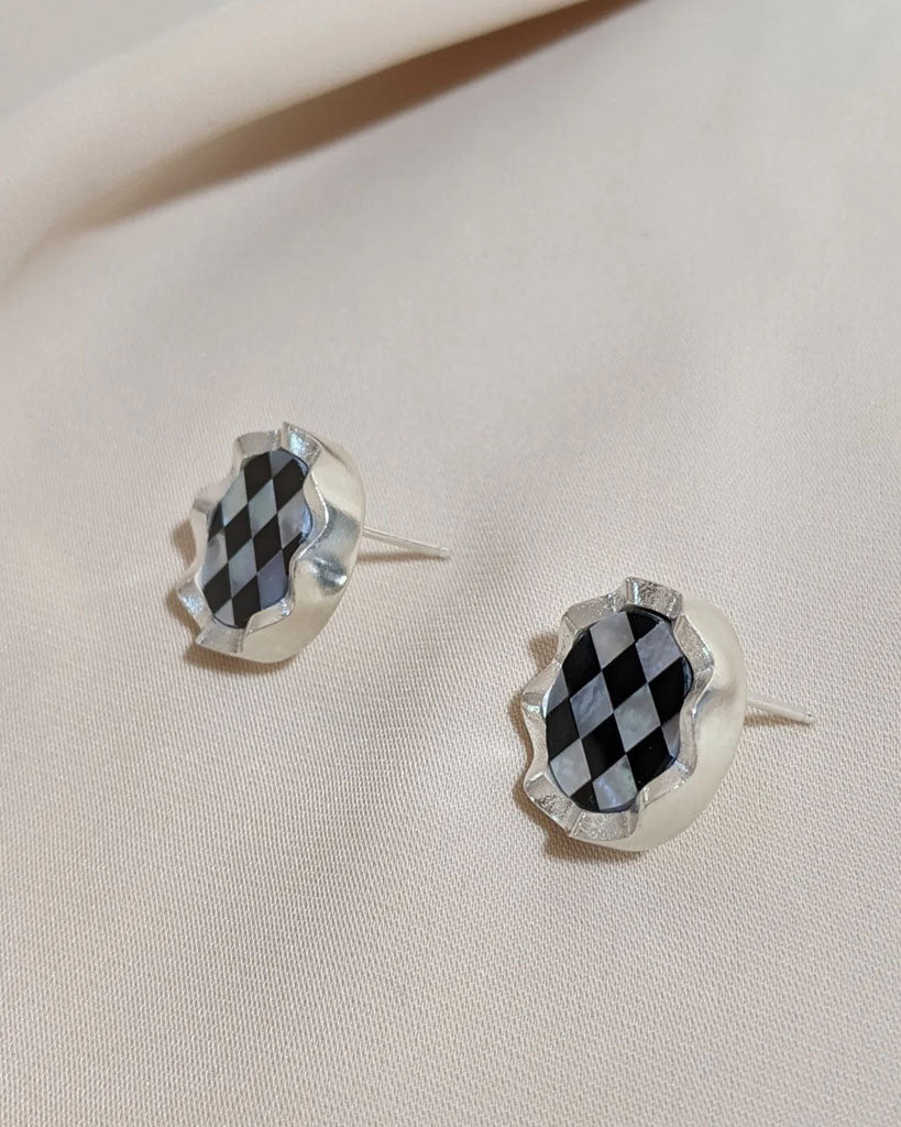The Squiggly Inlay Earrings - Checkerboard - Bronze | Take Shape Studio
