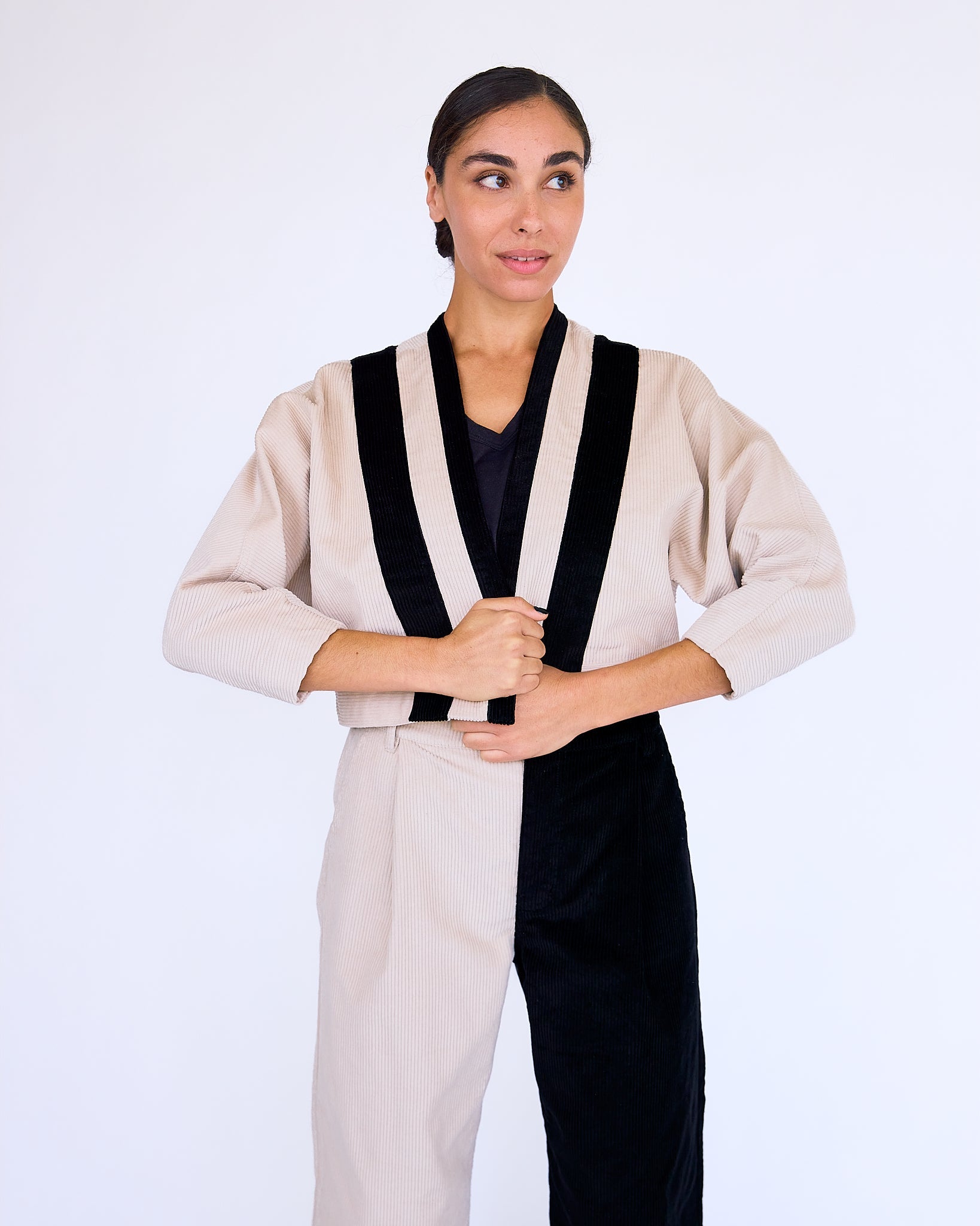 The Keiko Color Blocked Jacket - Elephant/Black - XS | DEVAN GREGORI