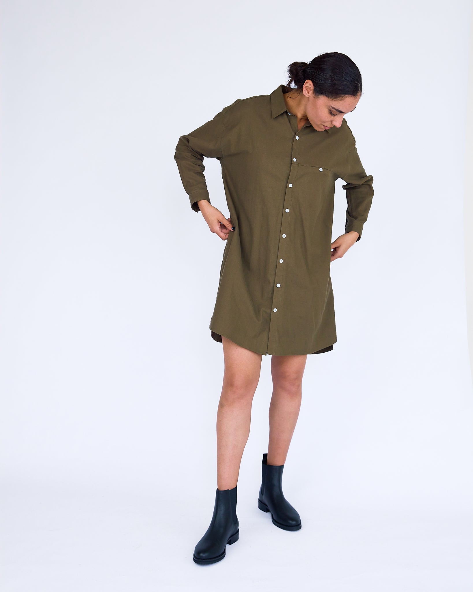 The Stella Shirt Dress - Khaki - XS | DEVAN GREGORI