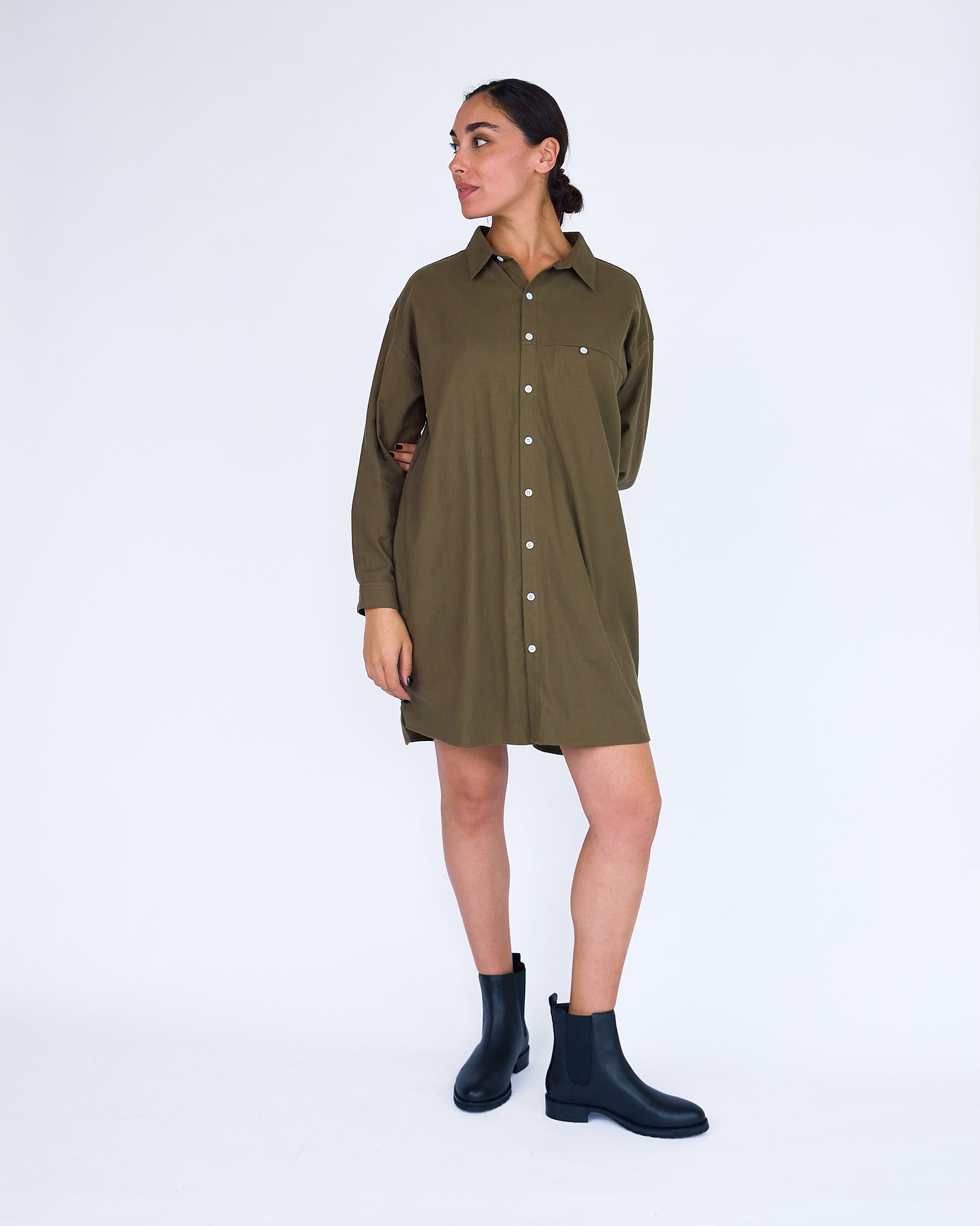 The Stella Shirt Dress - Khaki - XS | DEVAN GREGORI