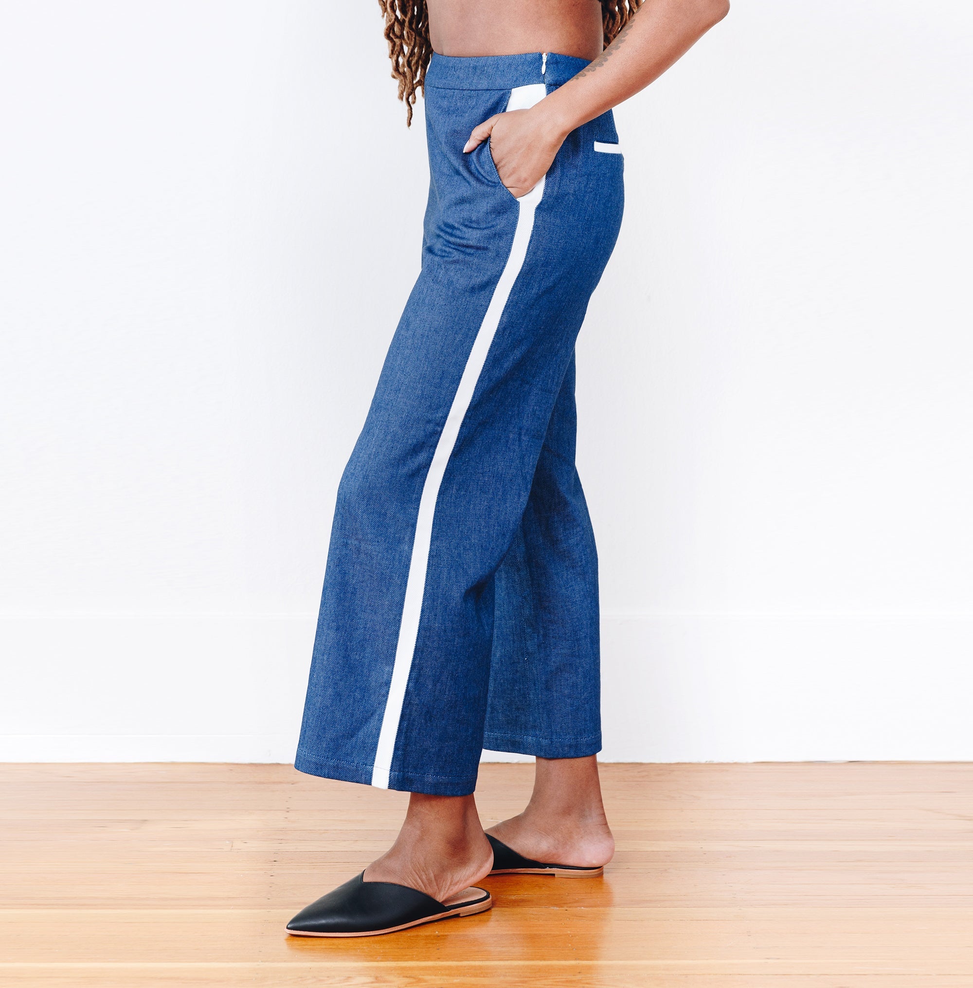 The Denim Julia Tuxedo Pant - Small - Blue | DEVAN GREGORI