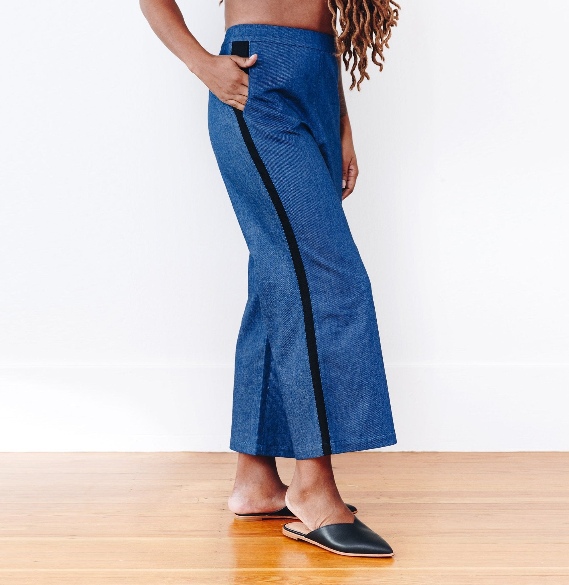 The Denim Julia Tuxedo Pant - Small - Blue | DEVAN GREGORI