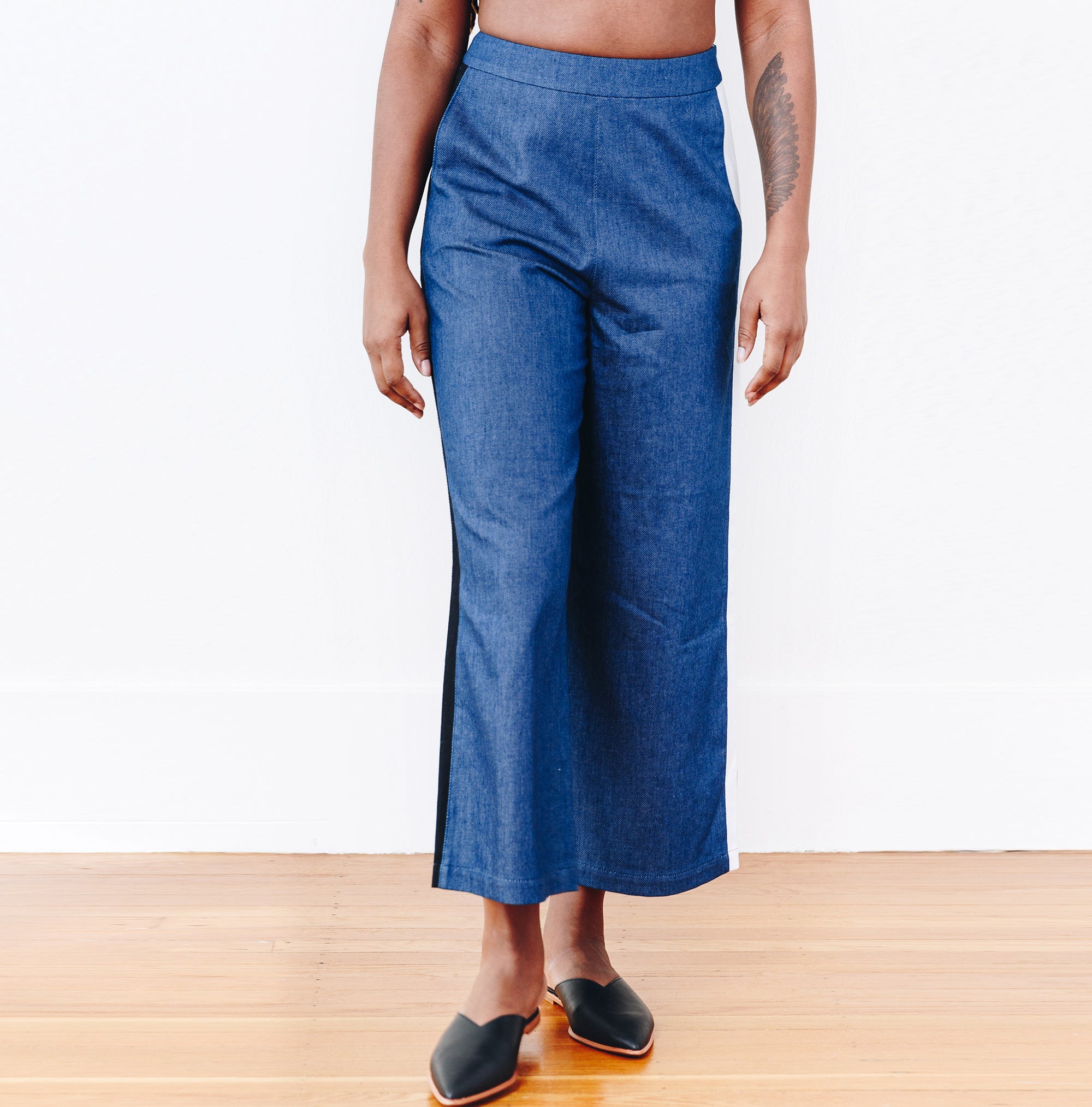 The Denim Julia Tuxedo Pant - Small - Blue | DEVAN GREGORI